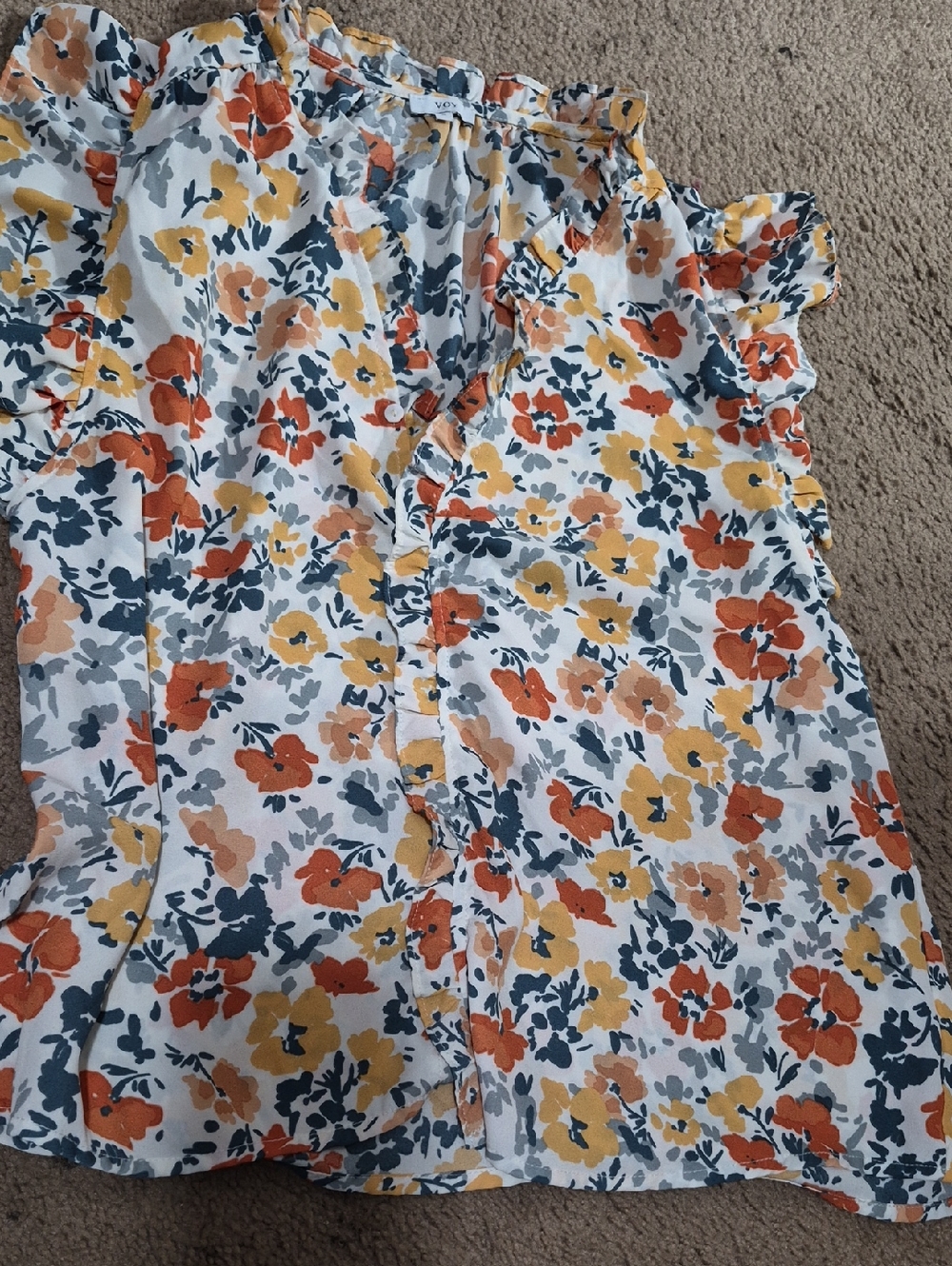 Women's Floral Ruffle-Sleeve Blouse - White with Yellow & Orange Floral Print